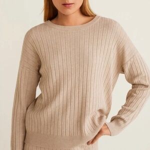 MANGO Tan Ribbed Knit Sweater Sz M